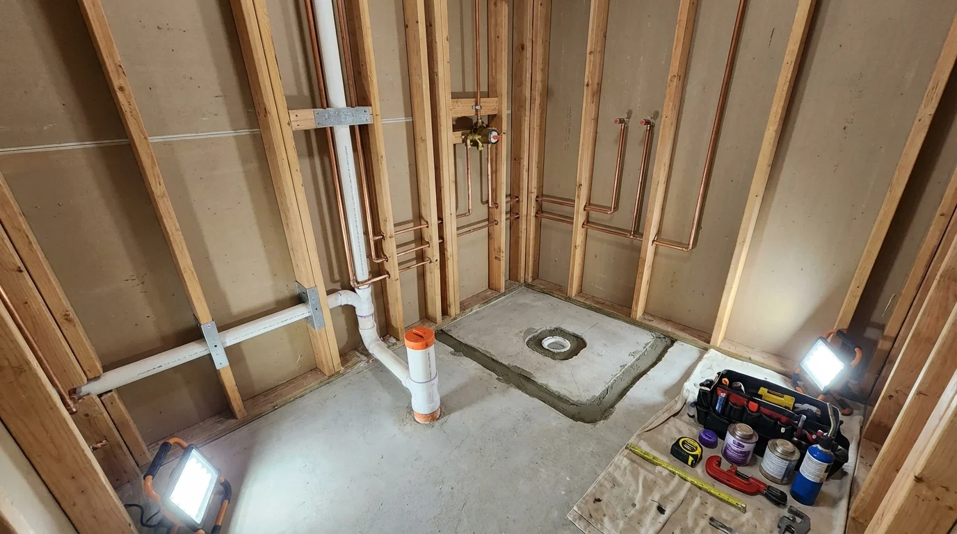 Bathroom rough-in plumbing during remodel by Johns Plumbing LLC in Paulden