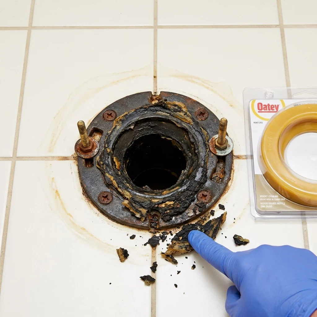 Failed wax ring showing water seepage at the base of a toilet in a Paulden, AZ home
