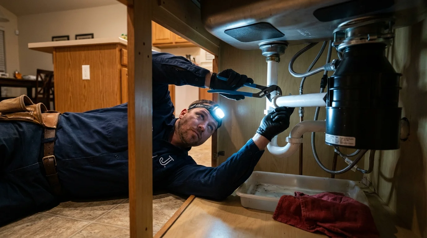 P-trap and supply line connections under a kitchen sink showing a common leak point in Paulden, AZ